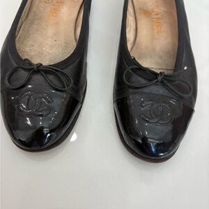 CHANEL Black Patent Cap Toe Flats